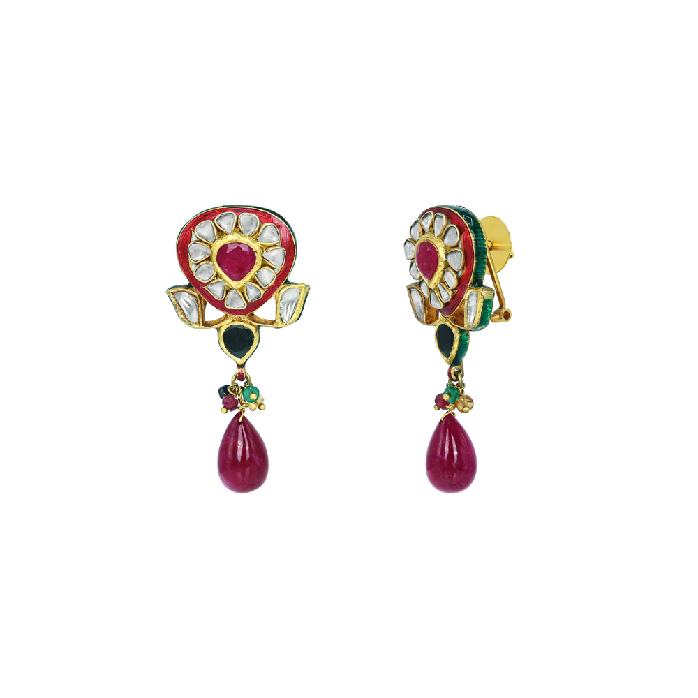 Polki Stud Earrings with Ruby, Red Enamel, and Drop Design